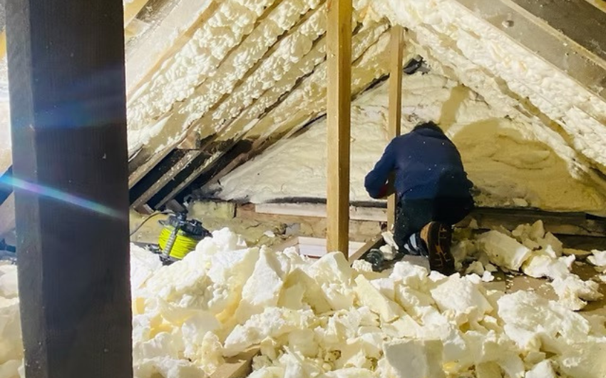 Loft spray foam removal from roof timbers in Braintree Essex